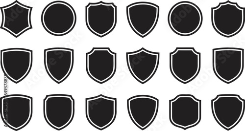 Collection of shield and circular emblems in silhouette isolated on white background