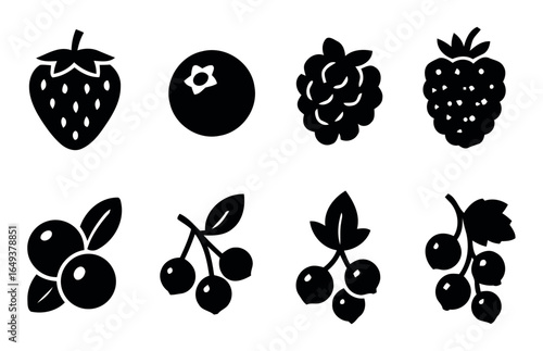 Collection of eight berry silhouettes including strawberry blueberry raspberry and currants isolated on white background