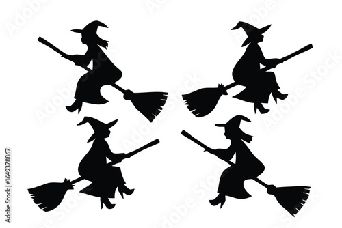 Four witches flying on brooms silhouette isolated on white background