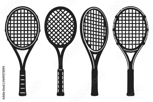 Four tennis racquet silhouettes isolated on white background