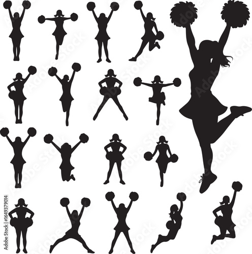 Collection of cheerleader silhouettes in various energetic poses with pom-poms cheerleading female