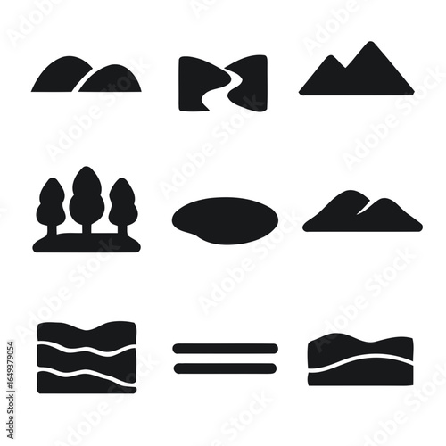 Collection of nine black landscape and nature silhouette icons isolated on white background