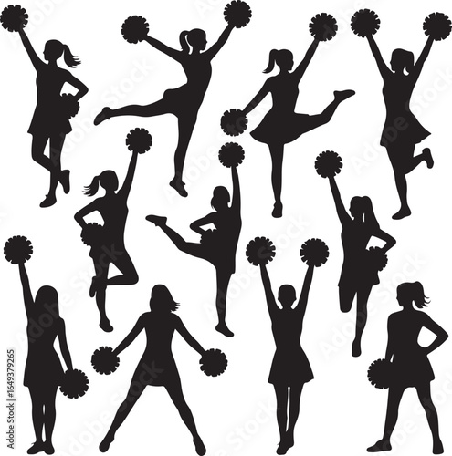 Set of cheerleader silhouettes in active poses with pom-poms on a clean white background cheerleading