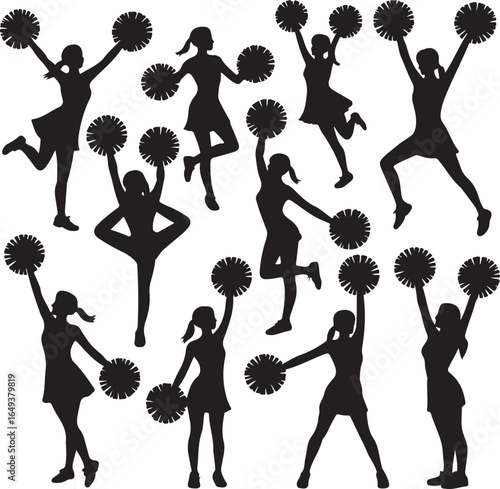 Silhouette cheerleaders with pom poms in various dynamic poses on white background cheerleading