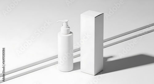 White Pump Bottle and Box Packaging on White Surface with Lines dispenser lotion