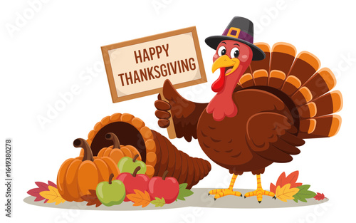 Thanksgiving turkey holding happy thanksgiving sign with harvest bounty cornucopia pumpkins