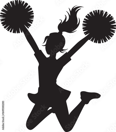 Silhouette of a cheerleader jumping with pom poms in the air action