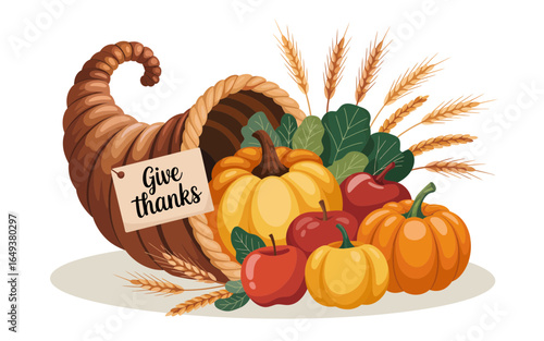 Cornucopia overflowing with autumn harvest bounty thanksgiving pumpkins