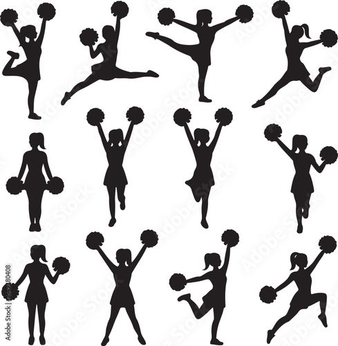 Twelve black silhouette cheerleaders with pom poms in various dynamic poses cheerleading