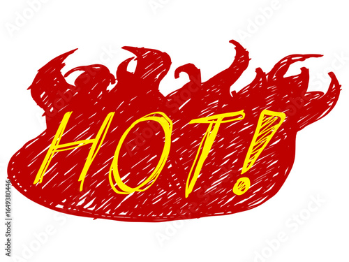 赤い炎と手描き風HOT文字の強調吹き出し（ベクター素材） / Emphasized Speech Bubble with Red Flames and Hand-drawn “HOT!” Text (Vector Illustration)