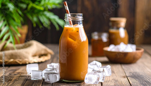 thai tea, condensed milk in Glass Bottle with Ice and Straw