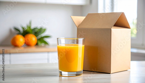Freshly poured orange juice in a clear glass next to empty cardboard cartons.