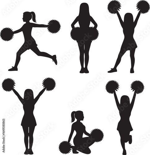 Six silhouette cheerleaders with pom poms in different dynamic poses on white background cheerleading