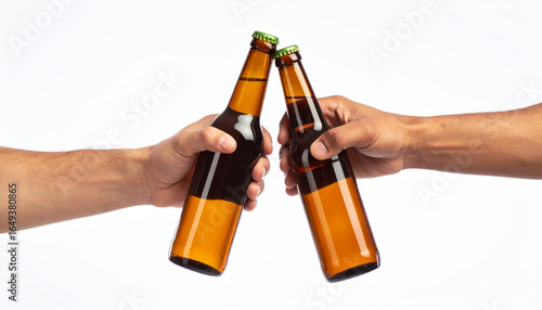 Hand clinking their bottles of beer together on white background