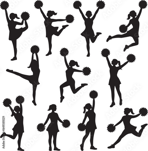 Silhouette cheerleaders with pom poms in various dynamic poses on white background cheerleading