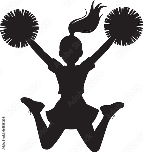 Silhouette of a Cheerleader Mid- Jump with Pom Poms Overhead cheerleading female