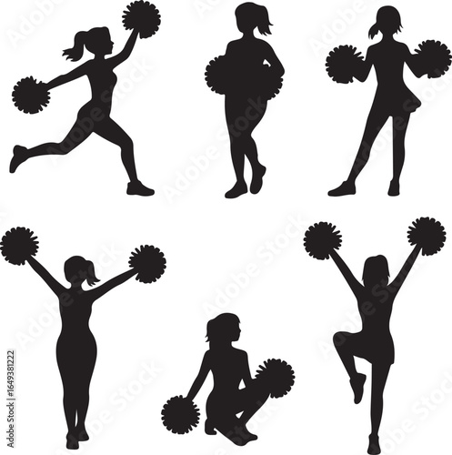 Six Cheerleader Silhouettes in Different Poses with Pom Poms cheerleading female