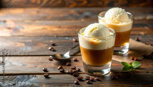 Small clear glasses with vanilla ice cream and fresh espresso