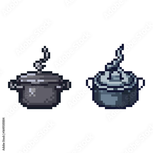 Pixel Art Cooking Pot and Cauldron Sprite Set. A set of two pixel art sprites depicting a cooking pot or cauldron, one steaming and one bubbling over.