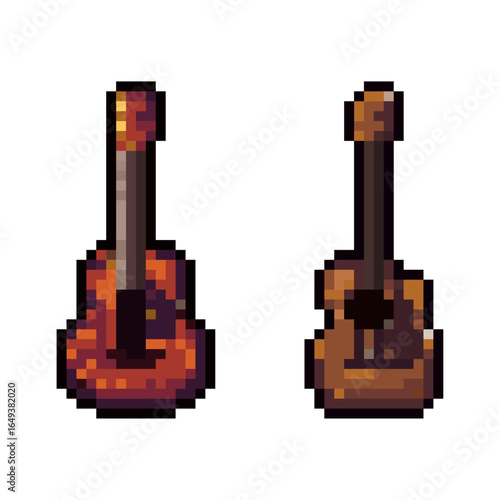 Pixel Art Acoustic Guitar Sprite Set. A set of two detailed pixel art acoustic guitars, each with a unique wooden finish and design.