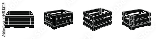 Set of Four Black Wooden Crates with Handles, Vintage Rustic Storage Boxes, Farmhouse Style Containers for Home, Market, and Garden Use, Isolated on White Background