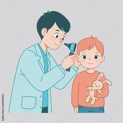 Friendly doctor examining young boy's ear with otoscope, child holding bunny toy, medical scene