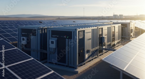 Wide shot of interconnected microgrid battery containers surrounded by solar panels demonstrating integrated clean energy storage systems.