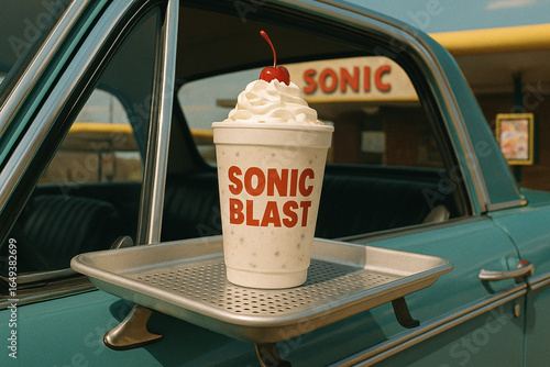 Retro drive-thru window view of a Sonic Blast milkshake with whipped cream and cherry, served on a metal tray attached to a car window