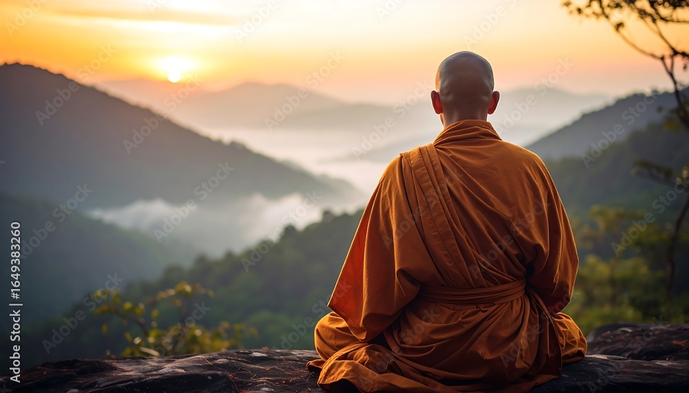 Fototapeta premium Monk meditating at sunrise over misty mountains