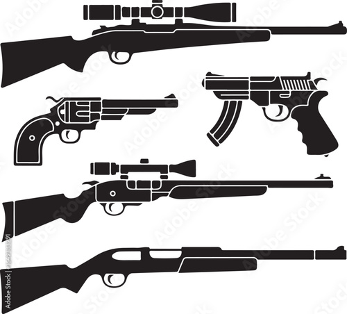 Close-up silhouettes of various handguns and rifles with scopes and accessories firearm weapon