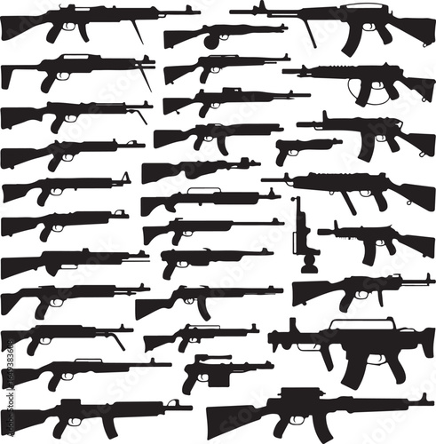Collection of diverse firearm silhouettes including rifles and machine guns weapon