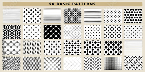 Collection of fifty diverse black and white geometric and abstract patterns