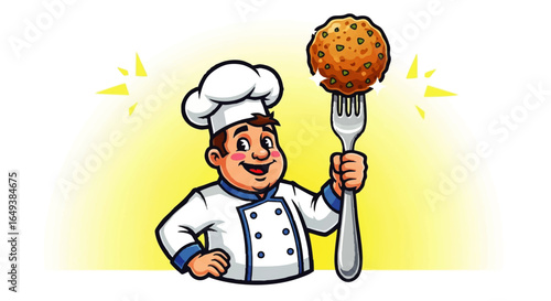 Cartoon chef holding a large meatball on a fork, smiling happily.