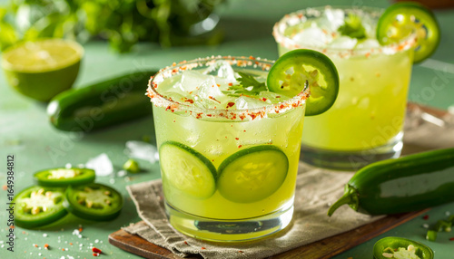 Spicy cucumber margarita with jalapeno and chili salt