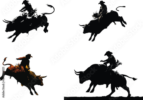Rodeo Rider Silhouette, Bull Riding Action VECTOR