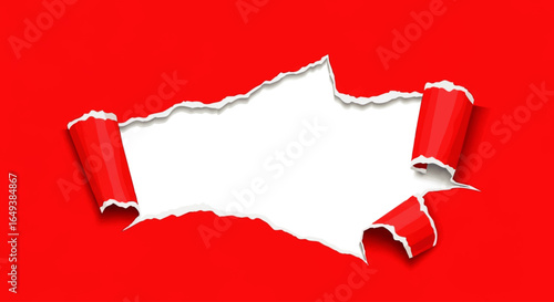 Red paper with a ripped-out white section, showing torn edges.