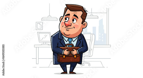 Cartoon businessman holding briefcase, thoughtful expression, office setting.