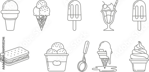 Collection of various ice cream treats, featuring cones, popsicles, sundaes, and sandwiches in different flavors and styles for summer indulgence