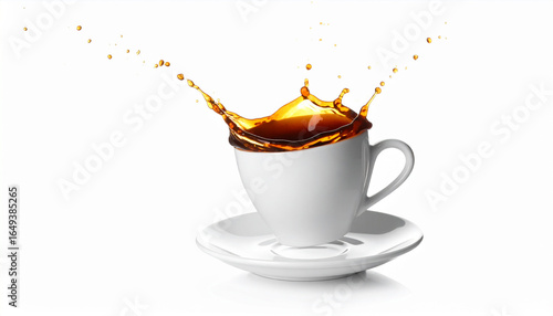 Espresso cup with splash and drop on white background