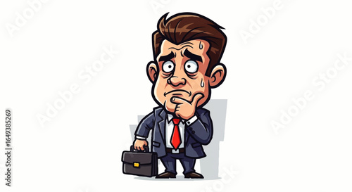 Cartoon businessman looking stressed and worried, holding a briefcase and touching his chin in contemplation.
