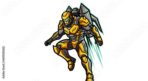A powerful armored soldier, jetpack equipped, leaps dynamically through the air.