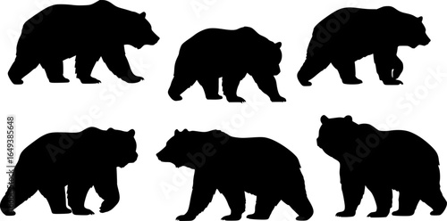Bear Silhouette Vector Set with Various Poses – Standing, Walking, Sitting for Wildlife and Nature Designs on White Background
