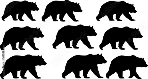 Bear Silhouette Vector Set with Various Poses – Standing, Walking, Sitting for Wildlife and Nature Designs on White Background