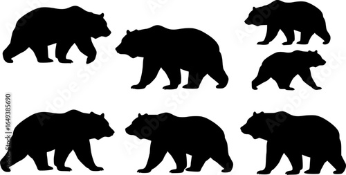 Bear Silhouette Vector Set with Various Poses – Standing, Walking, Sitting for Wildlife and Nature Designs on White Background