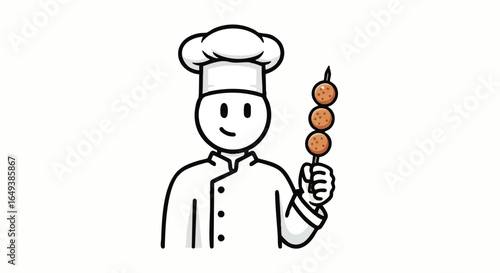 Smiling chef in toque proudly presents a skewer of three perfectly browned meatballs.