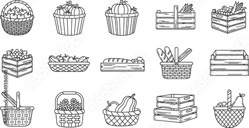 A set of rustic wooden baskets and crates, perfect for illustrating farm markets, harvest festivals, or country-style picnics.