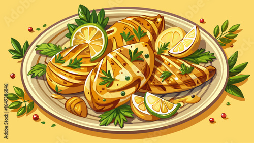 Delicious grilled chicken pieces rest in creamy mustard sauce, garnished with fresh herbs, creating a mouthwatering dish perfect for any meal, blending golden textures, rich flavors, and inviting warm