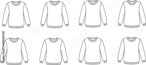 Set of various knitted sweaters and cardigans, showcasing different styles, necklines, and details for fashion and apparel design