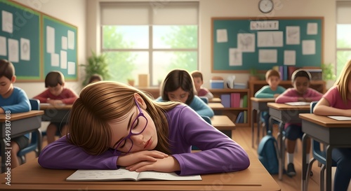 A tired student sleeping on her desk in a classroom during a lesson, surrounded by other students and educational materials