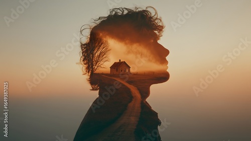Young man gazing thoughtfully at a tranquil landscape in a striking double exposure effect during sunset